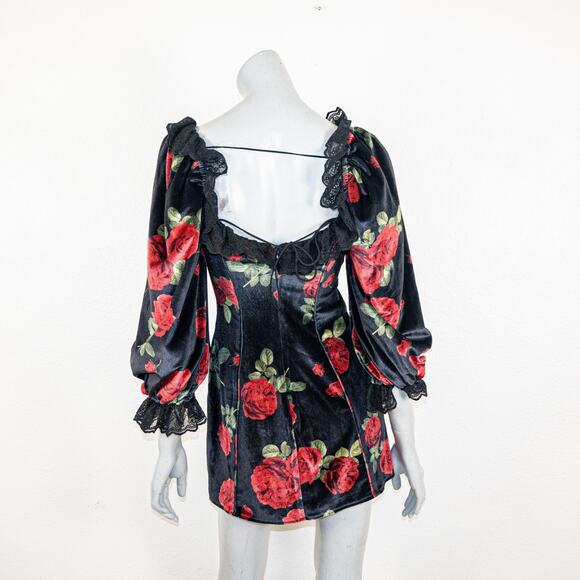 For Love & Lemons Yara Printed Velvet Mini Dress Black rose red size 2XS - Picture 4 of 13